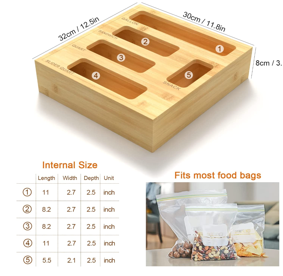 Durable Bamboo Wooden Ziploc Bags Organizer