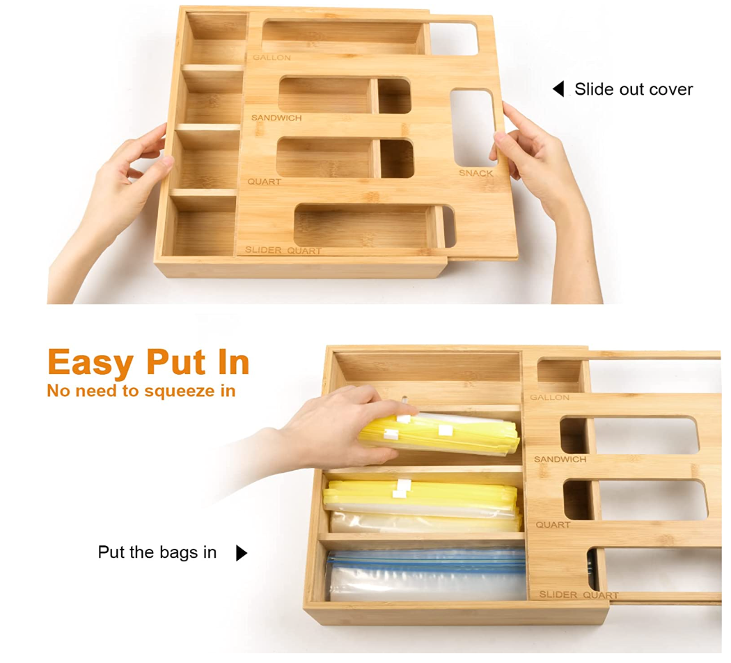 Bamboo Ziplock Bag Storage Organizer for Kitchen Drawer 5 Pack & Baggy Rack  Holder List Price: $59.99 FREE for US : r/AMZreviewTrader